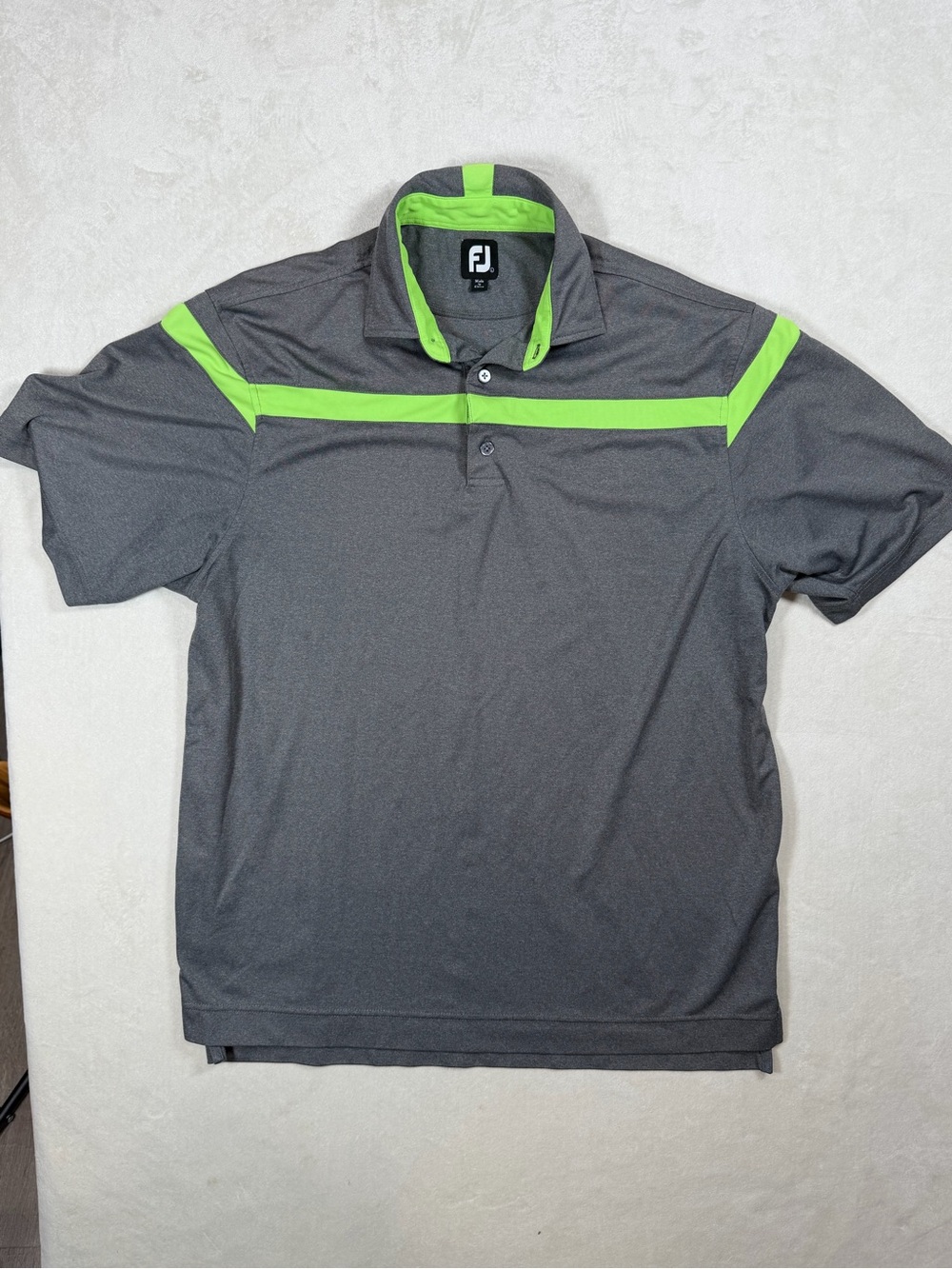 FootJoy FJ Large Pebble Beach Golf Links Gray Polo with Lime Green Stripe